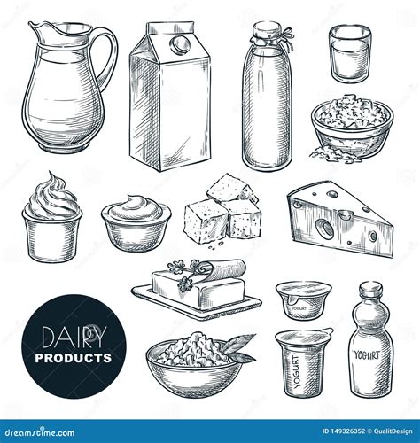 Dairy Farm Fresh Products Set Vector Hand Drawn Sketch Illustration