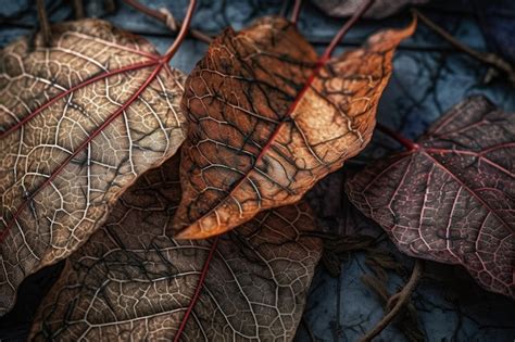 Premium Ai Image Stack Of Fallen Leaves With Intricate Veins And Detailed Textures Created