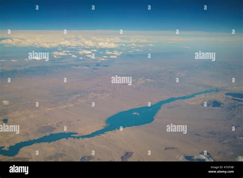 Aerial View Of Lake Mead View From Window Seat In An Airplane At