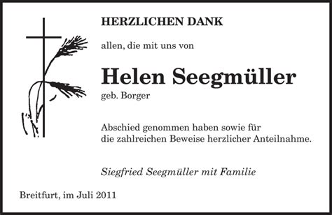 Traueranzeigen Von Helen Seegm Ller Trauer De