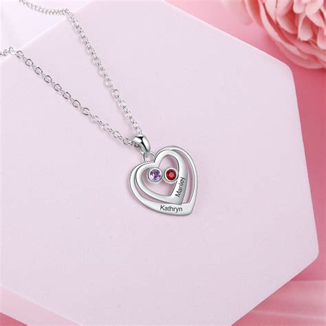 Personalized Double Heart Necklace With 2 Birthstones Necklace