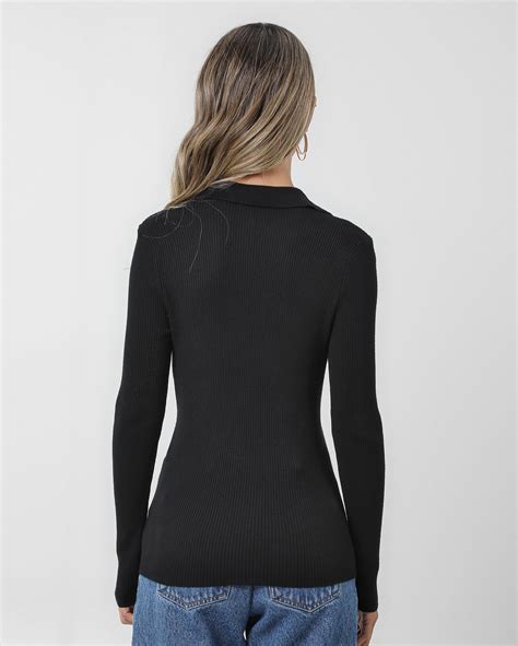 Riachuelo Blusa Polo Feminina De Tricot Manga Longa Preto Ak By