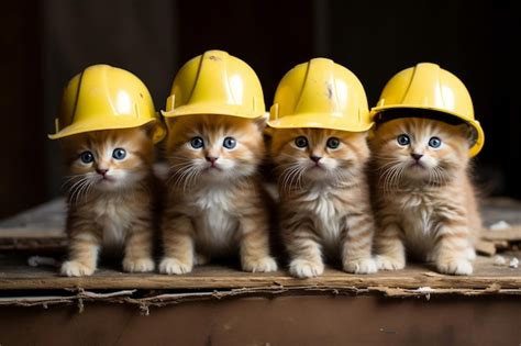 Premium Photo Small Kittens Wearing Construction Hats In A Group Ai