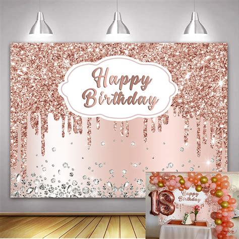 Buy Happy Birthday Rose Gold Backdrop Pink Glitter Diamonds Birthday Party Photography ...