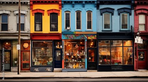 A Bustling Urban Street Corner With Vibrant Storefronts Each Adorned