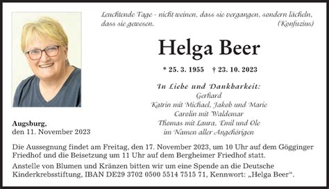 Traueranzeigen Von Helga Beer Augsburger Allgemeine Zeitung