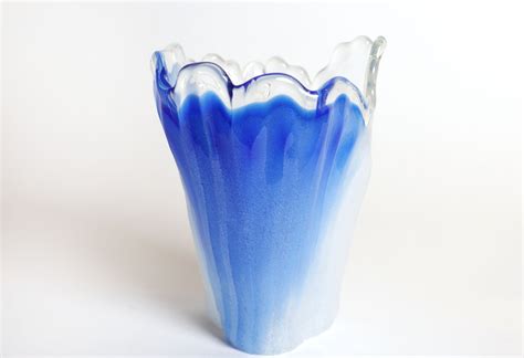 Blue And White Frosted Glass Vase Glacier Vase Glass Handkerchief Vase Etsy