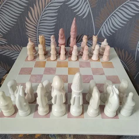 AFRICAN SOAPSTONE CHESS Set Tribal With Square Board Large 14cm King