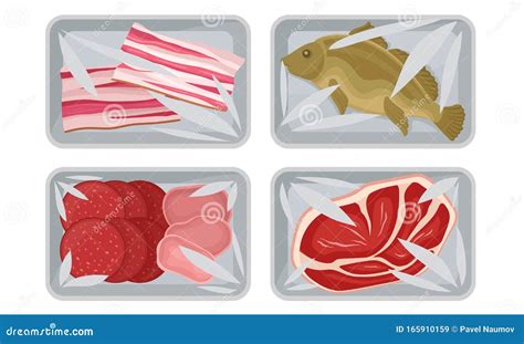 Meat And Fish Packed In Boxes Under Vacuum Food Packaging Film For