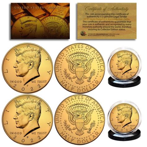 24k Gold Plated 2022 Jfk Kennedy Half Dollar U S 2 Coin Set Both P And D Mint With Capsules