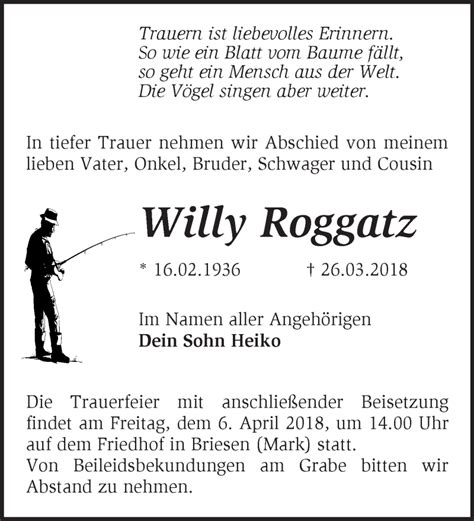 Traueranzeigen Von Willy Roggatz M Rkische Onlinezeitung Trauerportal