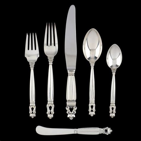 A Georg Jensen Acorn Sterling Silver Flatware Service Lot 3014 Fine