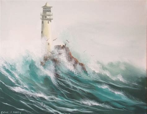 Waves Crashing Over Fastnet Lighthouse, Painting by Cathal O Malley ...