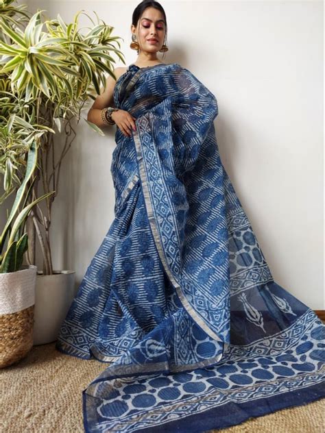 Blue Hand Block Printed Kota Doria Saree 6 3 M With Blouse Piece