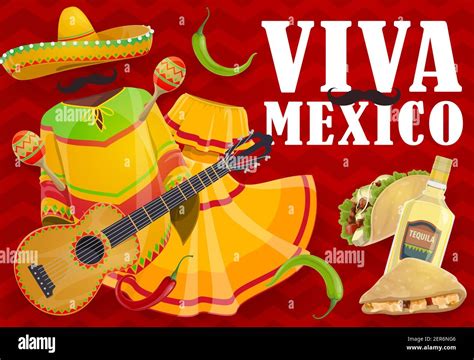 Viva Mexico Holiday Food And Mexican Fiesta Clothes Vector Sombrero