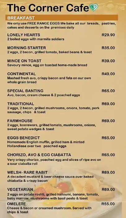 The Corner Cafe Menu Menu For The Corner Cafe Glenwood Durban