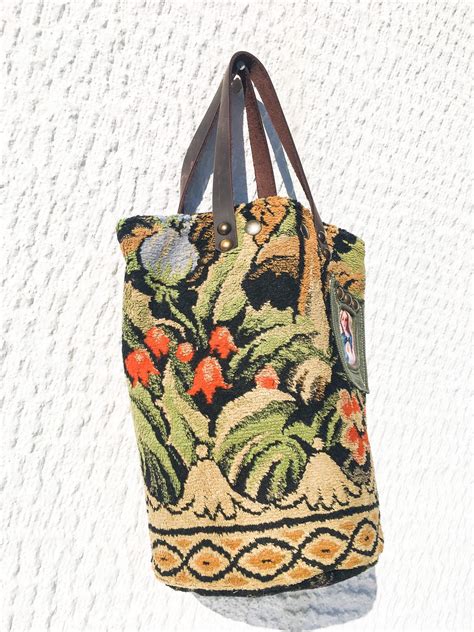 Small Bucket Style Tote Bag Upcycled Vintage Tapestry Bucket Fabric