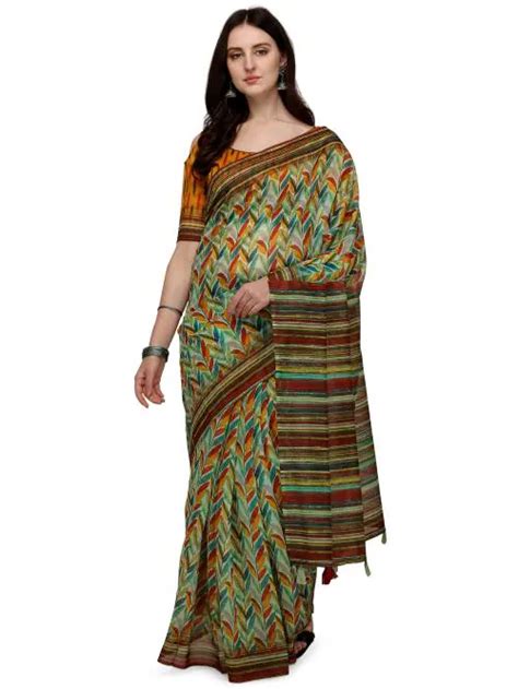 Buy Kavindi Fab Printed Bollywood Cotton Linen Saree Green Online At