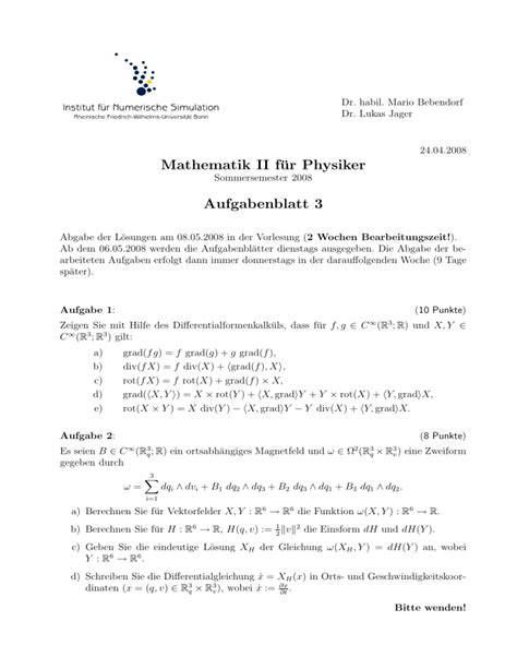 Mathematik Ii F R Physiker Aufgabenblatt