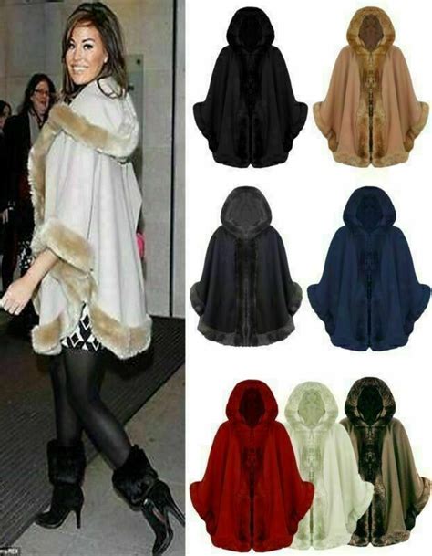 Womens Ladies Faux Fur Poncho Cape Celeb Trim Hooded Jacket Lush Wrap