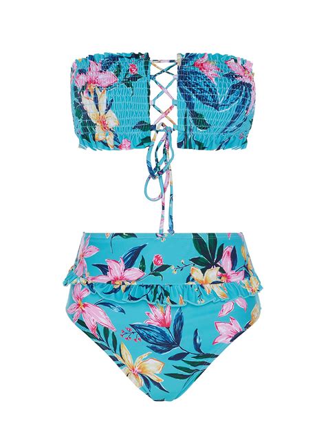 Molybell Women Cute Shirred Bandeau Bikini Sets High Waisted Strapless