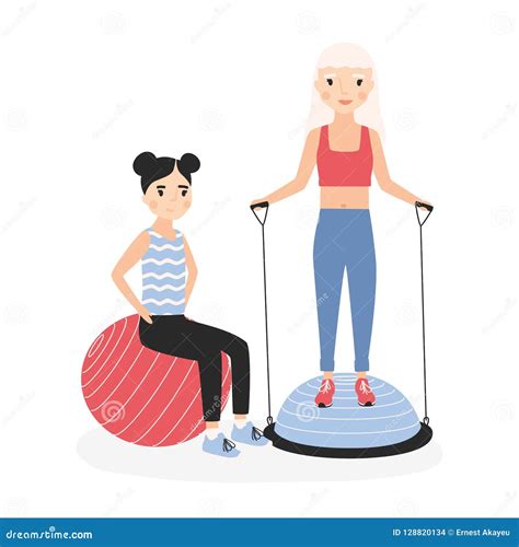 Smiling Mother And Daughter Performing Aerobics Exercises With Gym