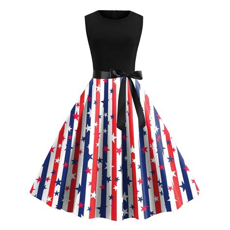 Womens Dress Round Neck Sleeveless America Flag Print Vintage Rockabilly Swing Dress Cocktail