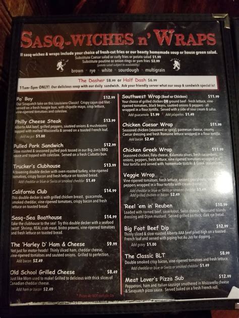 Menu At Sasquatch Inn Pub And Bar Harrison Mills