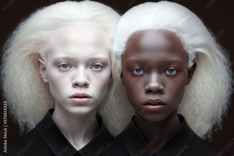 Twin Sisters Black And Albino Ai Melanin White Hair Stock