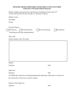 Fillable Online Honours Thesis Supervisor And Reader Acceptance Form