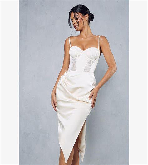 Buy Misspap Premium Mesh Insert Corset Satin Wrap Midi Dress In White