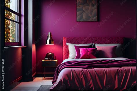 Bedroom In Viva Magenta And Dark Burgundy Colours Interior Design