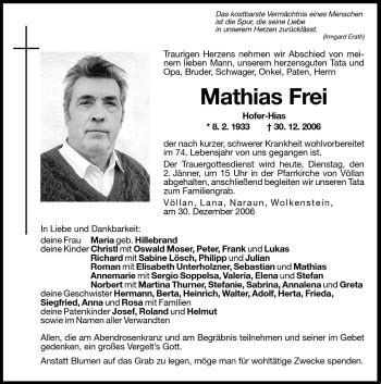 Traueranzeigen Von Mathias Frei Trauer Bz