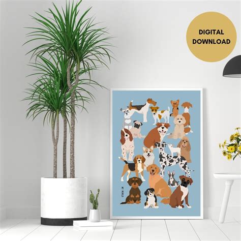 Dog Breeds Print, Digital Download, Blue Dog Wall Art Print, Dogs Illustration, Dog Poster ...