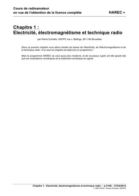 Pdf Chapitre Electricit Lectromagn Tisme Et Technique Radio