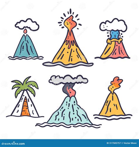 Six Colorful Cartoonstyle Volcanoes Erupting, Tropical, Ash Clouds ...