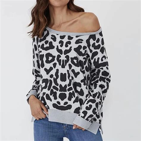 Leopard Off Shoulder Sweatshirt Women Autumn Winter Sexy Pullover