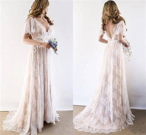 Boho Short Sleeves Lace Beach Wedding Dresses 2020 V Neck V Backless