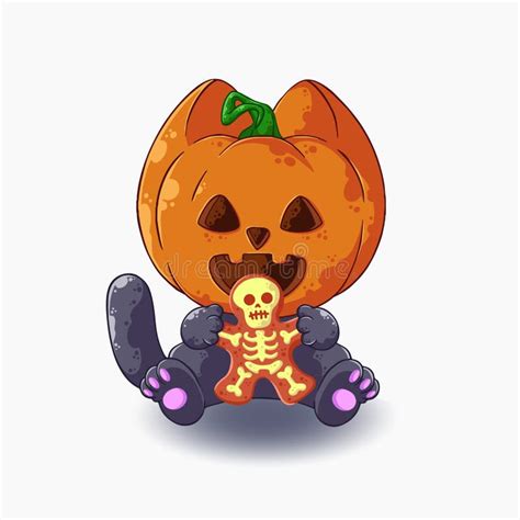 Scary Cartoon Kitten With A Pumpkin On His Head And A Cookie With A