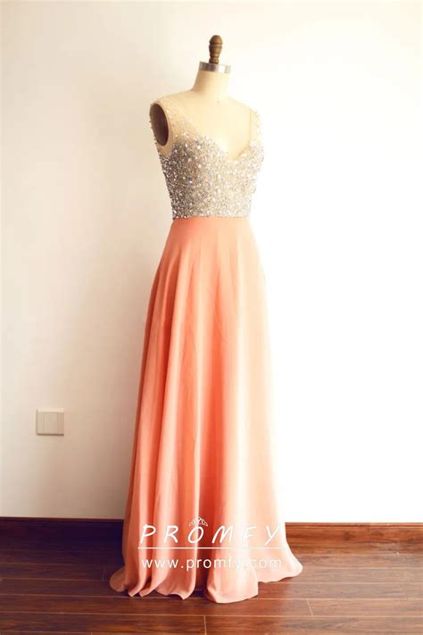 Crystals Beaded Peach Chiffon Bridesmaid Dress Promfy