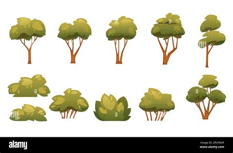 Set Of Green Stylized Bush Vector Illustration Isolated On White