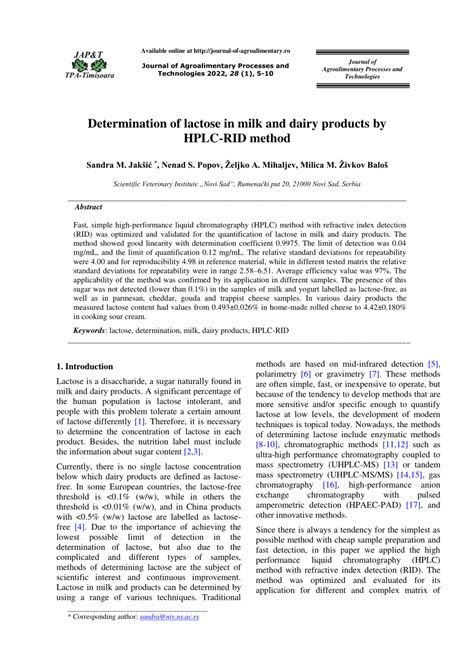Pdf Determination Of Lactose In Milk And Dairy Products By Hplc Rid