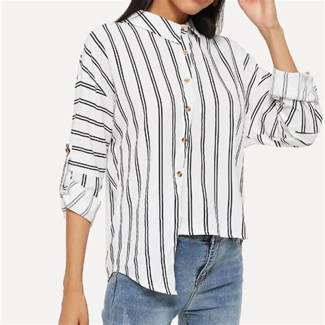 Womem Stripe Blouse Fashion Long Sleeve Turn Down Collar Print Blouse