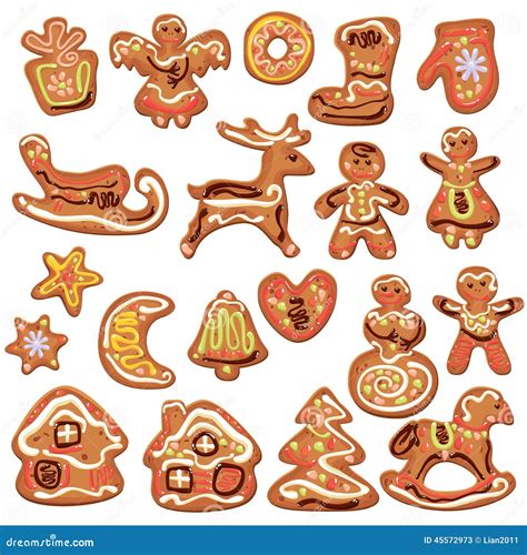 Set Of Xmas Gingerbread Isolated On White Stock Vector Illustration