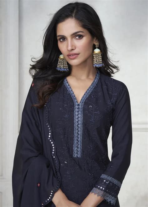 Embroidered Dark Blue Chinon Silk Sharara Suit Urban Womania