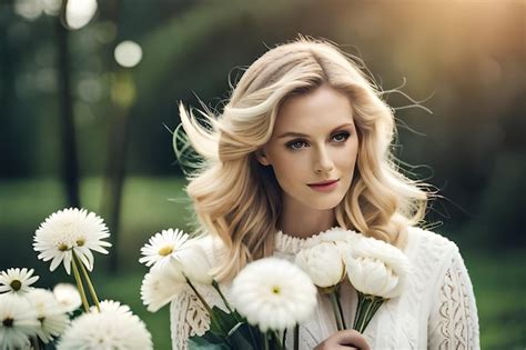 Premium AI Image Blonde Woman With A Bouquet Of Flowers