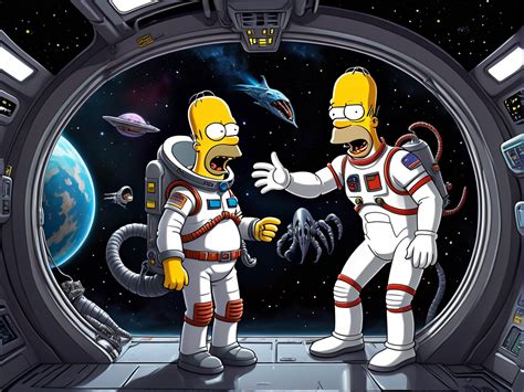 Scared Homer Simpson In A Spacesuit Confronts A Xenomorph Fr By