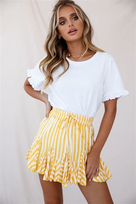 Robyn Pleated Striped Mini Skirt Yellow Stripe Mini Skirts Black A