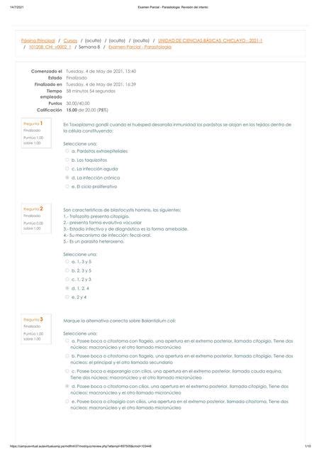 Examen Parcial Parasitologia Revisión del intento Tiroxina Med uDocz