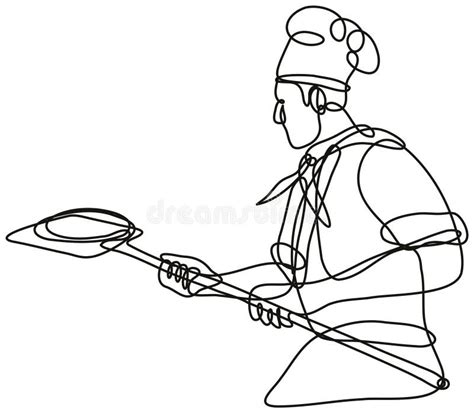 Pizza Baker Chef Or Cook Holding Peel Continuous Line Drawing Stock